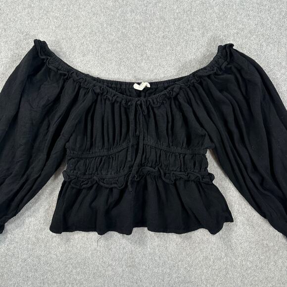 Entro Off Shoulder Cropped Peasant Blouse Women's Medium Black Pleated Ruffle - Picture 1 of 7